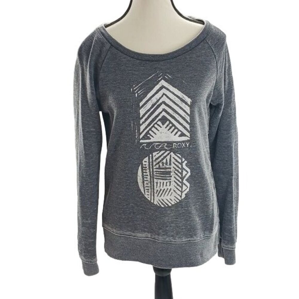 Roxy Sweatshirt Gray Distressed Graphic Print Long Sleeve Womens Size Medium